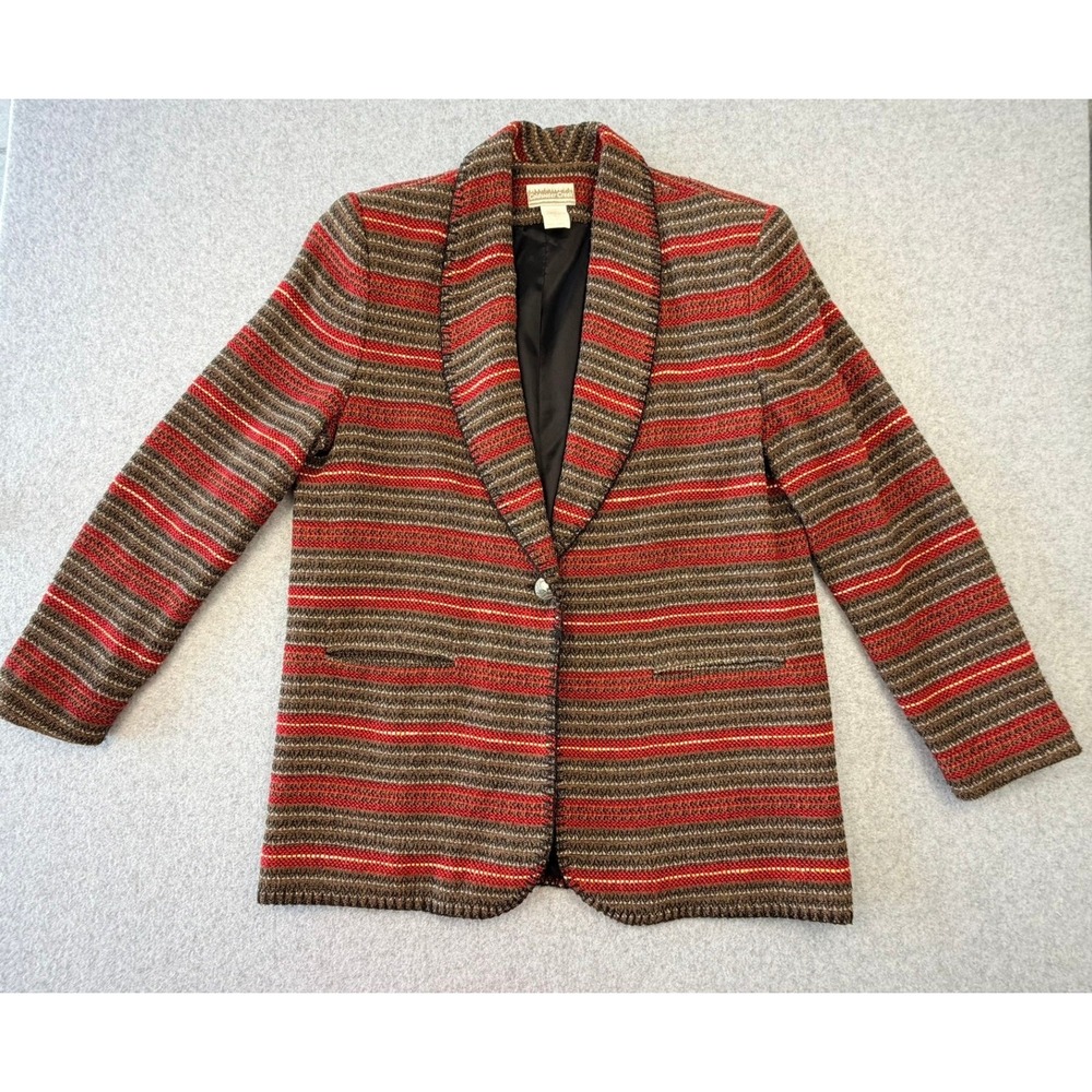Coldwater Creek Women Striped Shawl Collar Single Button Blazer Red Brown Small